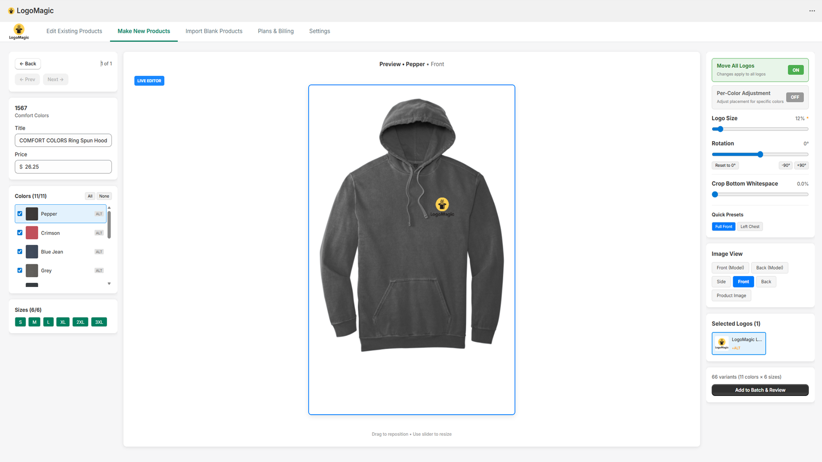 LogoMagic editor showing logo placement on a hoodie product